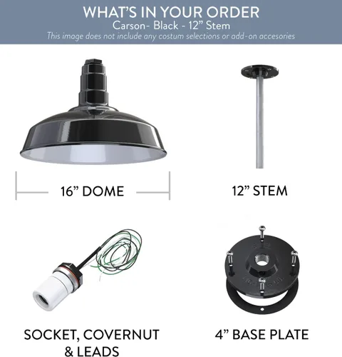 Miniatura 9 de Steel Lighting Co. Carson Barn Light Colgante montado en el techo Cúpula de 16 pulgadas vástago de 12 pulgadas Luz de acero de estilo Negro
