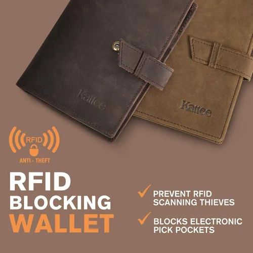 Miniatura 4 de Kattee Soporte para pasaporte de cuero genuino con bloqueo RFID, billetera de viaje plegable para hombres, Marrón, Vintage