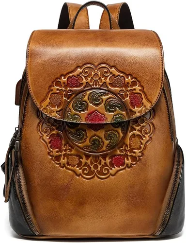 Mochila de cuero para mujer, organizador retro de bronceado vegetal, bolso de cuero vintage en relieve tótem, naranja marrón, Bolso de hombro tótem
