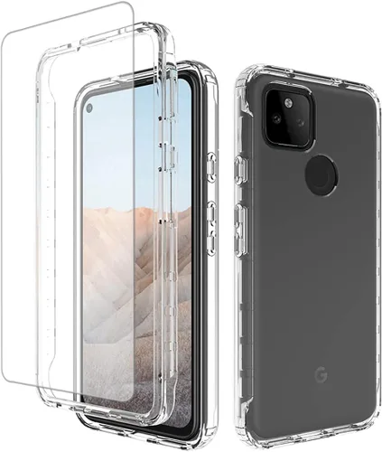 Funda compatible con Google Pixel 5A 5G con protector de pantalla de vidrio templado, cuerpo completo, a prueba de golpes, transparente, flexible,