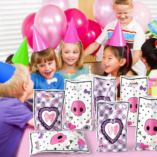 Miniatura 6 de 50 bolsas de regalo de plástico con diseño de dibujos animados kawaii de 6.5 x 10 pulgadas, con diseño de corazón de lazo y asas, para fiestas