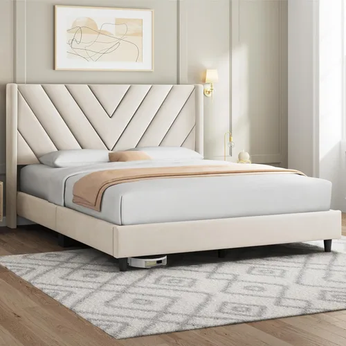 Miniatura 3 de Yaheetech Base de cama tamaño Queen con plataforma tapizada con lados en forma de ala/Soporte de tablas de madera/Cabecera tapizada con lados
