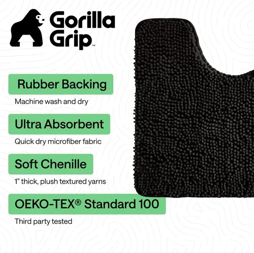 Miniatura 3 de GORILLA GRIP - Juegos de alfombras de baño, juego de 2 alfombras de chenilla suave, alfombra base para inodoro y alfombra de 30 x 20, alfombras Negro