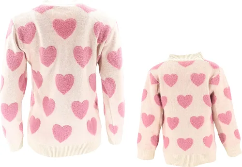 Miniatura 4 de Unique Baby Suéter de punto con cuello redondo para niñas Mommy and Me, Rosado con corazones