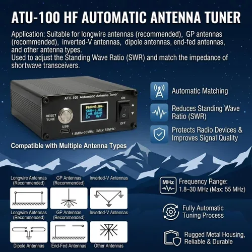 Miniatura 5 de V3.2 ATU-100 EXT - Sintonizador automático de antena para radioaficionado, 1.8-55 MHz, sintonizador SWR bajo, diseño compacto, funciona con equipos