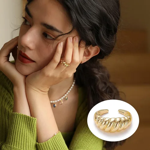 Miniatura 4 de MOROYA 10 anillos gruesos de cúpula de oro para mujer chapados en oro de 18 quilates trenzados redondos anillos de sello ajustables y abiertos