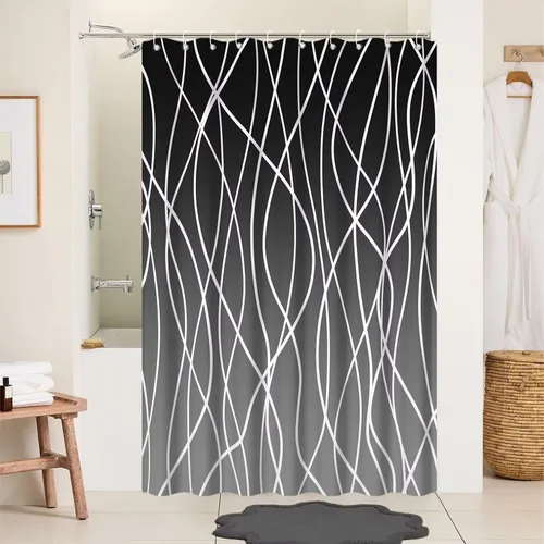Miniatura 65 de Cortina de ducha pequeña a rayas gris claro degradado para baño, 36 x 72 pulgadas, juego de cortina de ducha geométrica para cabina de RV
