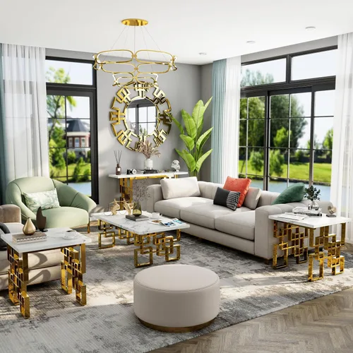 Miniatura 8 de AUZ Mesa auxiliar, mesa rectangular de 50 pulgadas, color blanco y dorado, mesa de té para sala de estar, sala de invitados, sala de recepción Base