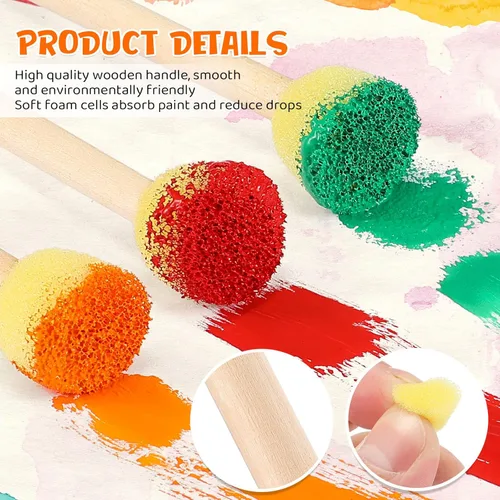 Miniatura 3 de Sabary Juego de 100 esponjas redondas de espuma, pinceles de esponja de pintura con mango de madera, juego de esponja para pintura, juego