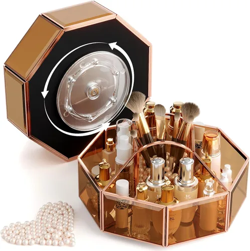 CoralHouse Organizador de maquillaje giratorio de 360° con soporte para brochas de maquillaje para encimera, almacenamiento de baño, cuidado de la