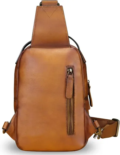 Miniatura 3 de LRTO Bolso de cuero genuino para hombres y mujeres, mochila bandolera de cuero real para el pecho, bolso cruzado, Marrón, Mochilas Sling