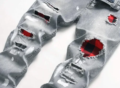 Miniatura 2 de SRETOUU Pantalones de mezclilla ajustados para hombre elásticos rasgados elásticos ajustados desgastados de pierna cónica
