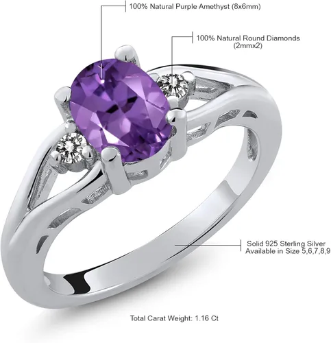 Miniatura 5 de Gem Stone King Anillo de plata de ley 925 con amatista y diamante blanco de 3 piedras para mujer 116 quilates piedra natal ovalada disponible