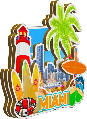 Miniatura 2 de Imán de madera para nevera de Miami Florida USA Monumentos de madera 3D para viajes, recuerdos coleccionables, decoración hecha a mano -2718