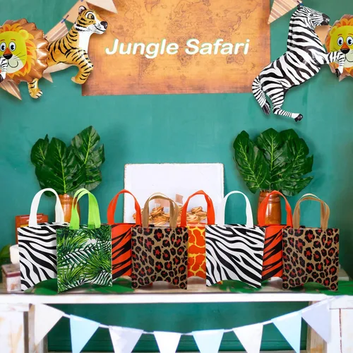 Miniatura 4 de Tallew 20 bolsas de fiesta con estampado de animales, bolsas de golosinas de vida silvestre, safari, selva, bolsa no tejida con diseño de hojas