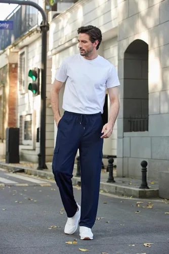 Miniatura 4 de Deyeek Pantalones deportivos tipo cargo para hombre, con parte inferior abierta, holgados, de pierna recta, para gimnasio, con bolsillos