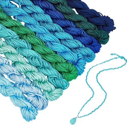 PH PandaHall Cuerda de nailon de 240 yardas de 0.039 pulgadas (0.039 in), cordón de nudo chino, trenzado azul y verde, hilo de macramé Kumihimo para
