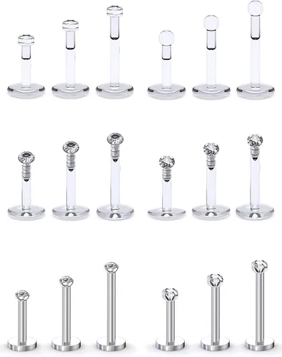 Miniatura 8 de SCERRING Anillos de labios de 16G con circonita cúbica transparente, Labret Monroe, anillo para labios, tragus, uñas, hélice, piercing de perno
