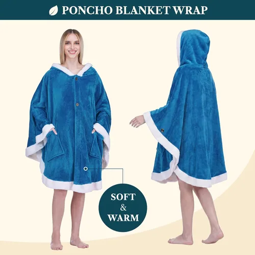 Miniatura 2 de PAVILIA Hooded Blanket Poncho for Women, Sherpa Shawl Wrap with Hood, Cozy Warm Wearable Throw with Pockets, Gift for Mom Azul marino
