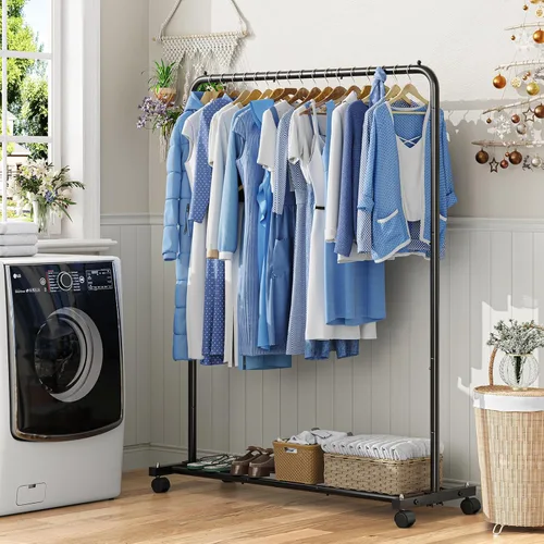 Miniatura 2 de Simple Trending - Perchero de ropa estándar con estantes de almacenamiento, organizador de ropa rodante sobre ruedas para colgar ropa, Negro