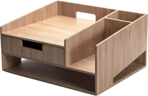 Miniatura 3 de MobileVision Soporte de teléfono de bambú con cajón, bandeja de papel y soporte para lápices, solución de almacenamiento para productos de oficina