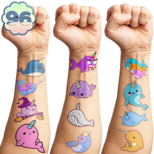 Miniatura 9 de 96 tatuajes temporales precortados de narval – Suministros de fiesta de cumpleaños con temática de ballena, lindas calcomanías para niños, recuerdos
