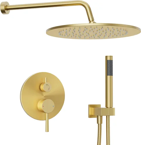 Gabrylly Brushed Gold Shower System with Rough-in Valve, 10 Inch Wall Mounted High Pressure Rainfall Shower Head with Handheld Combo, Luxury All