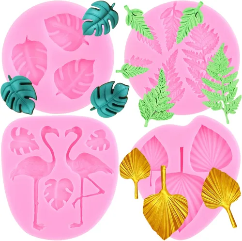Mujiang Moldes de silicona de hojas tropicales de flamenco, molde de fondant de hojas de helecho, molde de caramelo, hojas de Monstera, molde de