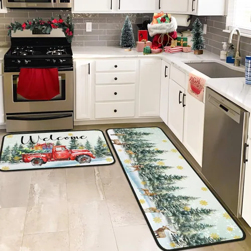 Miniatura 5 de Juego de 2 alfombras y tapetes de cocina navideñas para camiones, decoraciones navideñas para el hogar, antideslizantes con respaldo, alfombras