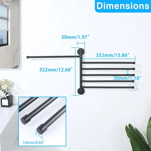 Miniatura 2 de Alise Toallero giratorio, plegable de 6 brazos, toallero de mano para baño, estantes de secado de montaje en pared para lavandería, soporte de Negro