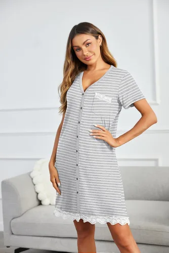 Miniatura 2 de Ekouaer Camisones a rayas con botones para mujer, camisones de manga corta