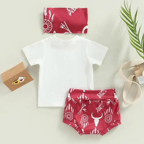 Miniatura 7 de Mandizy Ropa para bebé recién nacida, ropa de verano con estampado de vaquera occidental, camiseta de manga corta, pantalones cortos con diadema, 3