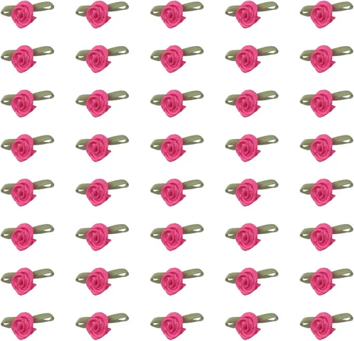 Miniatura 21 de 50 piezas de rosas de satén con hojas verdes, lazos de cinta mini lindos, suministros de flores artificiales de tela, adorno de aplique