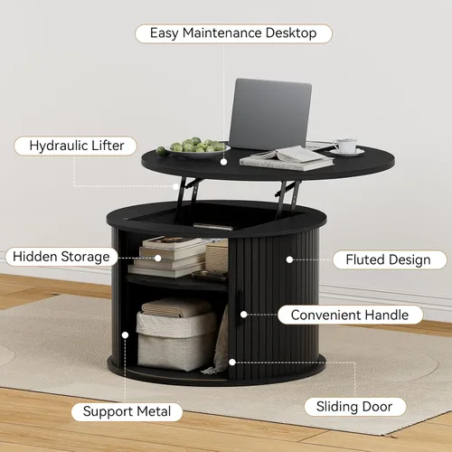 Miniatura 4 de FABATO Mesa de centro redonda de elevación superior, mesa de centro de madera estriada con almacenamiento oculto y estantes abiertos, mesa de tambor