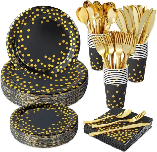 175 piezas de suministros de fiesta negros y dorados, lunares dorados en platos de papel negro, servilletas y vasos, cubiertos de plástico dorado,