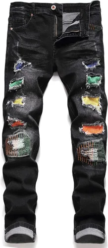AITITIA - Jeans desgastados para hombre de corte recto con cremallera, estilo motociclista