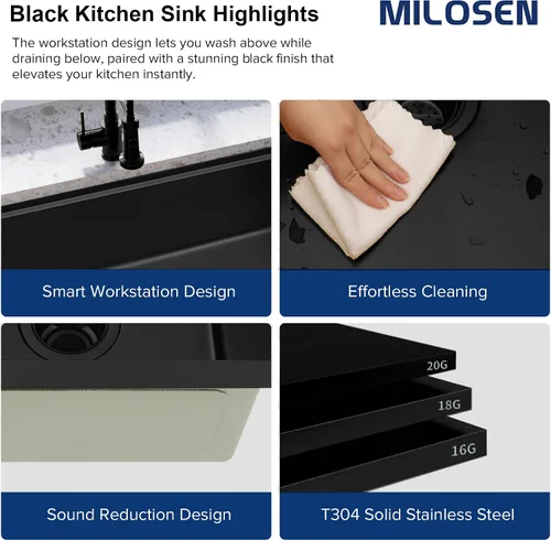 Miniatura 7 de MILOSEN Fregadero de cocina bajo encimera, fregadero de estación de trabajo de acero inoxidable negro metálico de 30×18 pulgadas, fregaderos