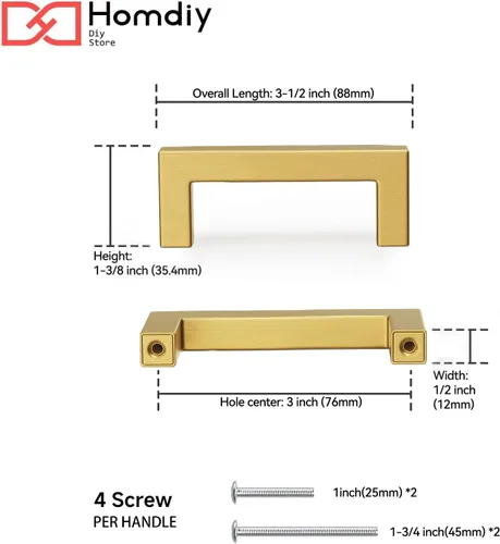 Miniatura 2 de Homdiy Paquete de 6 tiradores de bronce cepillado de 3 pulgadas, dorados, cuadrados, herrajes para gabinete, armario de cocina; 3 pulgadas entre