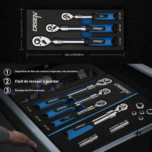 Miniatura 5 de DISEN Juego de 3 Llaves de Trinquete Extensibles, Impulso de 1/4" 3/8" 1/2", 72 Dientes, Liberación Rápida, Llaves de Vaso con Impulso Reversible