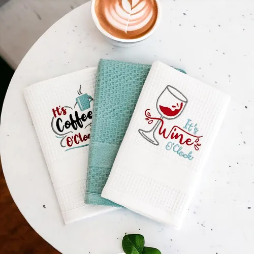 Luzia Coffee O'Clock - Toallas de cocina, elegantes y absorbentes, toallas bordadas de algodón turco con tejido de gofre, juego de tres, color