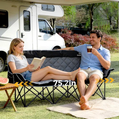 Miniatura 2 de Silla de campamento acolchada para 3 personas, sofá de campamento de gran tamaño, silla de campamento doble plegable resistente, sofá de dos plazas