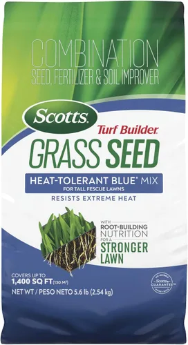 Scotts Turf Builder Semillas de césped resistentes al calor, variedad Blue Mix para céspedes de festuca alta con fertilizante y mejorador de suelo,