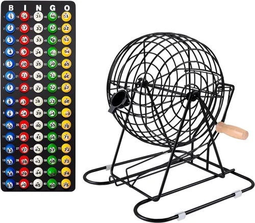 GSE Games & Sports Expert Deluxe Bingo Game Set with Large Black Metal Bingo Cage (12" Tall), Plastic Master Board, 7/8" Colored Calling Balls for