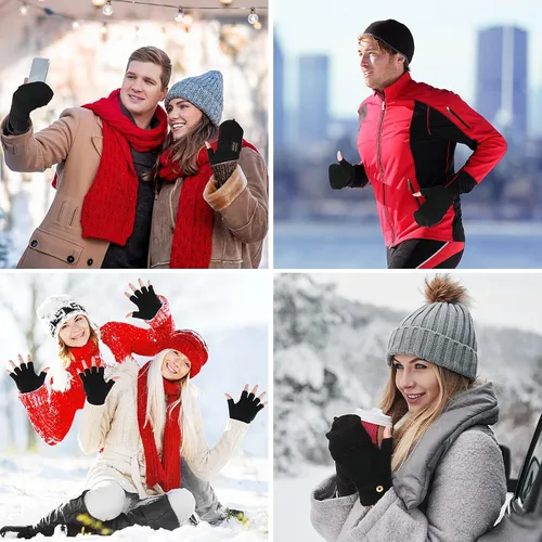 Miniatura 22 de THINP Guantes sin dedos para mujeres y hombres, guantes de invierno, guantes de lana cálida de punto sin dedos con tapa, guantes convertibles