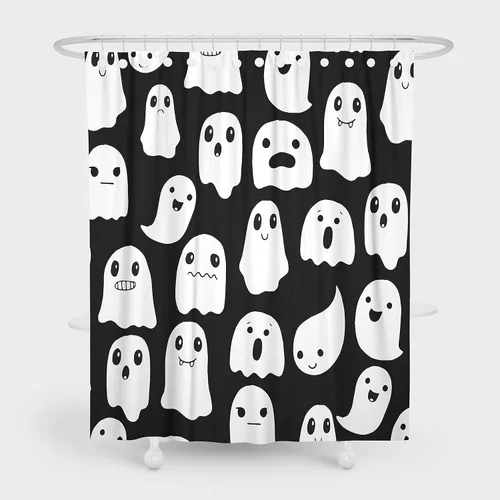 Miniatura 9 de Cortina de ducha fantasma de Halloween de 72 x 72 pulgadas, espeluznante y divertida, iconos de fantasmas de dibujos animados, tela blanca y negra, 1