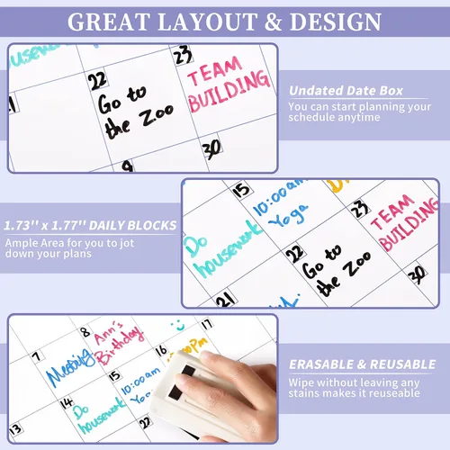 Miniatura 4 de Calendario grande de pared para borrar en seco – Calendario de pared anual sin fecha, 37" x 58", Calendario de pared laminado borrable