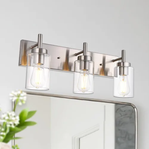 Miniatura 3 de Lámpara de tocador para baño, níquel cepillado, 3 luces, moderna lámpara de pared con pantalla de vidrio transparente, lámpara de pared rústica