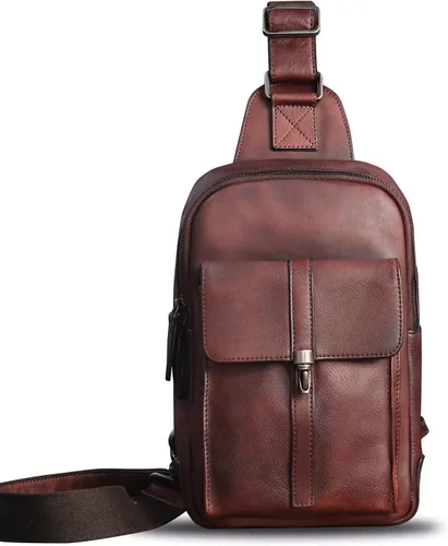 Miniatura 2 de IVTG Bolso bandolera de cuero genuino para hombres y mujeres vintage de piel de vaca real mochila bandolera bolsa de pecho, Café, Mochilas Sling