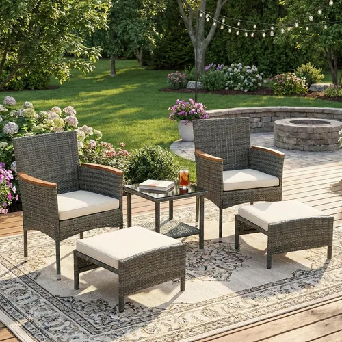 Juego de 5 muebles de patio al aire libre con mesa y otomana para exteriores, juego de patio de mimbre bistró (mimbre gris y cojín básico, 5 piezas,