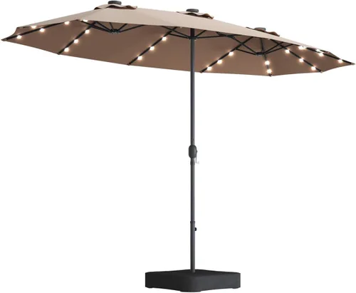 Tangkula Sombrilla solar de patio de 15 pies con base, sombrilla individual extragrande de doble cara para exteriores con 36 luces LED y manivela